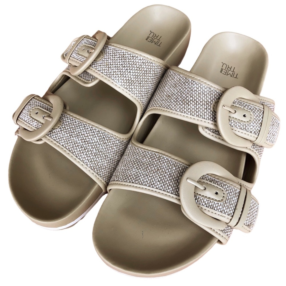Time and Tru Beige Tan Footbed Slides Adjustable Straps Size 10 New With Tags